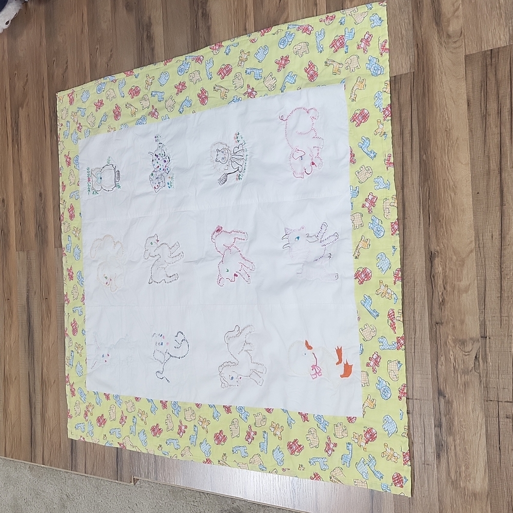 Handmade Yellow White Embroidered Animal Baby Quilt Blanket